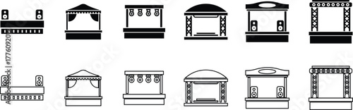 Outdoor Music Festival Stage Icon Set, Concert, Performance, Theater, and Event Platform Symbol Collection and Group, Entertainment, Show, and Auditorium Vector in Black Color Flat and Line Style
