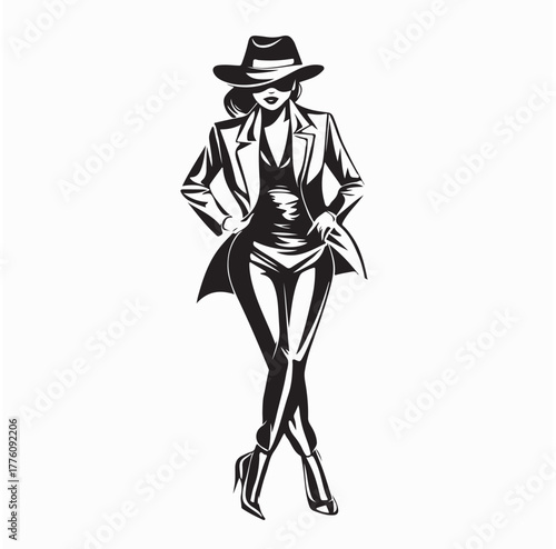 Model Posing as Classic Detective Vector Illustration on white background