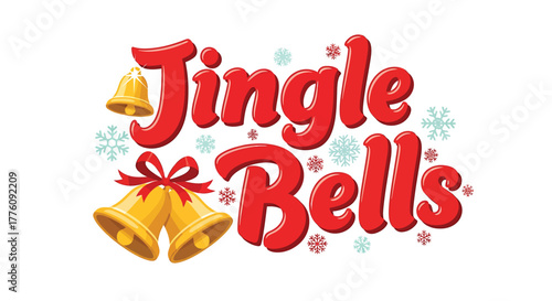 Festive jingle bells text with golden bells and snowflakes for holiday cheer vector