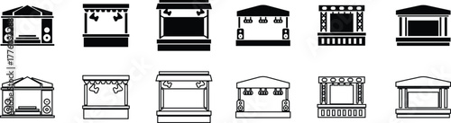 Outdoor Music Festival Stage Icon Set, Concert, Performance, Theater, and Event Platform Symbol Collection and Group, Entertainment, Show, and Auditorium Vector in Black Color Flat and Line Style