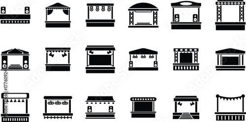 Outdoor Music Festival Stage Icon Set, Concert, Performance, Theater, and Event Platform Symbol Collection and Group, Entertainment, Show, and Auditorium Vector in Black Color Flat Style