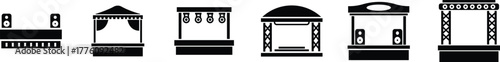 Outdoor Music Festival Stage Icon Set, Concert, Performance, Theater, and Event Platform Symbol Collection and Group, Entertainment, Show, and Auditorium Vector in Black Color Flat Style
