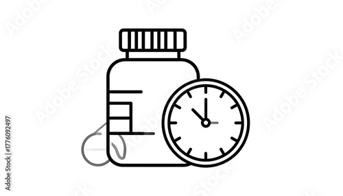 Line art of a pill bottle next to a clock, indicating scheduled medicine intake. Black and white, simple design