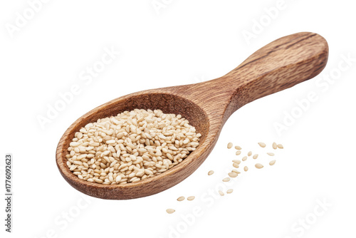 Wooden spoon filled with sesame seeds isolated on transparent background. Sesame seeds isolated on white background.