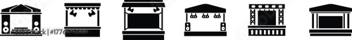 Outdoor Music Festival Stage Icon Set, Concert, Performance, Theater, and Event Platform Symbol Collection and Group, Entertainment, Show, and Auditorium Vector in Black Color Flat Style
