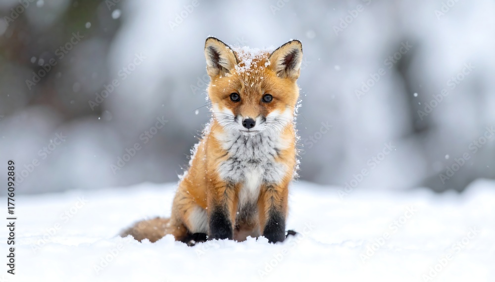Fototapeta premium A red fox kit sits in the snow, snow on its fur, facing forward, with a snowy background and falling snow