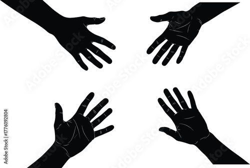 Hands silhouette illustration, four palms inward, unity connection, teamwork collaboration, communication concept, diversity support, abstract design, black art composition