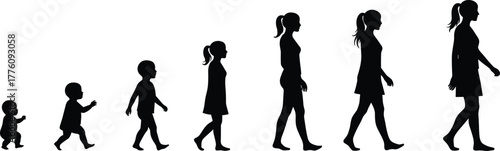 Human growth silhouette illustration, baby to adult woman, life stages development, childhood to adulthood, aging progression, educational concept, black design art