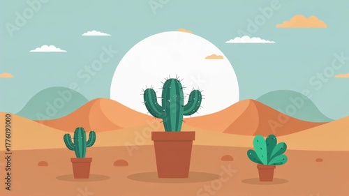 Cheerful cactus waving hello in a desert sunrise, minimalist flat 2D looping animation with pastel tones