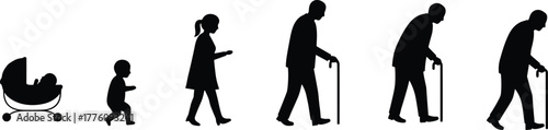 Human life cycle silhouette illustration, baby to elderly, stroller to cane, aging progression, generational concept, family growth, black design art
