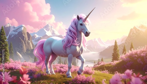 Illustrative unicorn, pink mane, stands in field of pink flowers, mountains and cloudy sky in the backdrop
