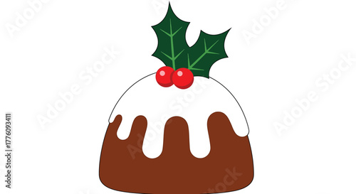 Festive christmas pudding drizzled with icing and holly berry decoration vector