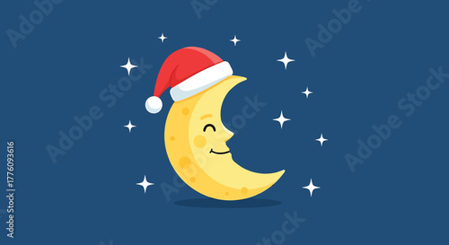 Cute crescent moon with santa hat and stars for holiday season vector