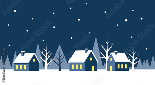 Charming winter village scene with snowing night sky and cozy lit houses vector
