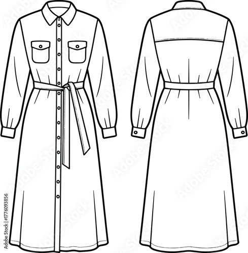Long sleeve belted shirt dress flat, technical fashion illustration, button down garment design, sewing pattern template, apparel sketch, clothing construction drawing