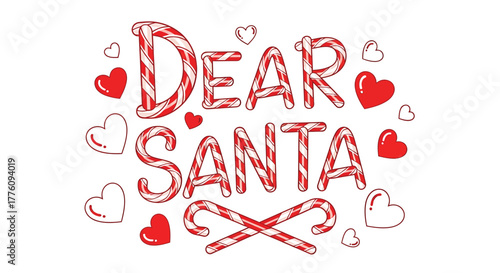 Festive dear santa typography with candy cane accents and hearts for christmas greetings vector