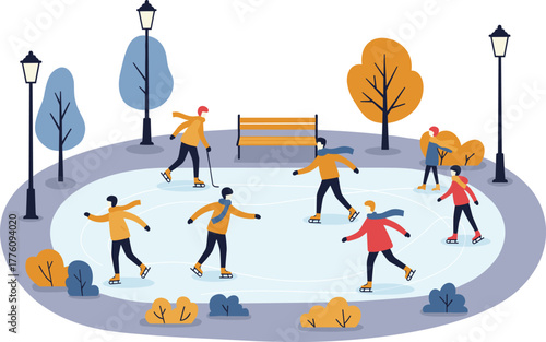 Outdoor ice skating in autumn park, people skating on frozen rink, seasonal leisure activity, flat vector illustration, winter fun scene
