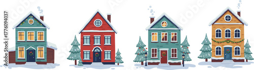 Snowy winter houses, Christmas decorations, festive neighborhood scene, holiday celebration, cozy homes in snow, flat vector illustration, seasonal architecture