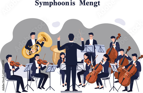 Symphony orchestra performance, classical music ensemble, conductor leading musicians, instrumental harmony scene, elegant concert illustration, flat vector illustration