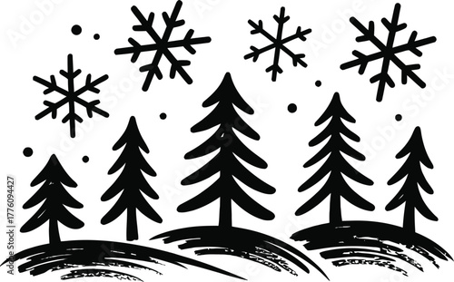 Snowy Trees and Snowflakes - Winter Landscape Illustration