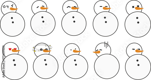 Cute snowman character set with various facial expressions in minimalist vector style. Each snowman shows different emotions such as happy, sad, angry, dizzy, in love, and more.