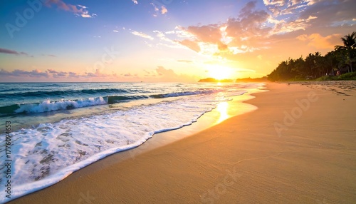 Fototapeta Naklejka Na Ścianę i Meble -  Ocean waves cascade onto a golden beach under a bright sky at sunset with distant palm trees