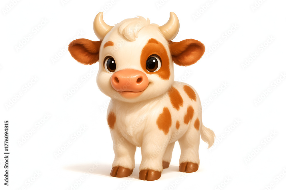 Fototapeta premium Adorable cartoon calf or baby cow standing cute chibi farm animal illustration isolated white background