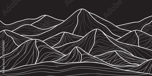 Mountain line art background, luxury wallpaper design for covers, invitation backgrounds, packaging designs, wall art and prints. Vector illustration.