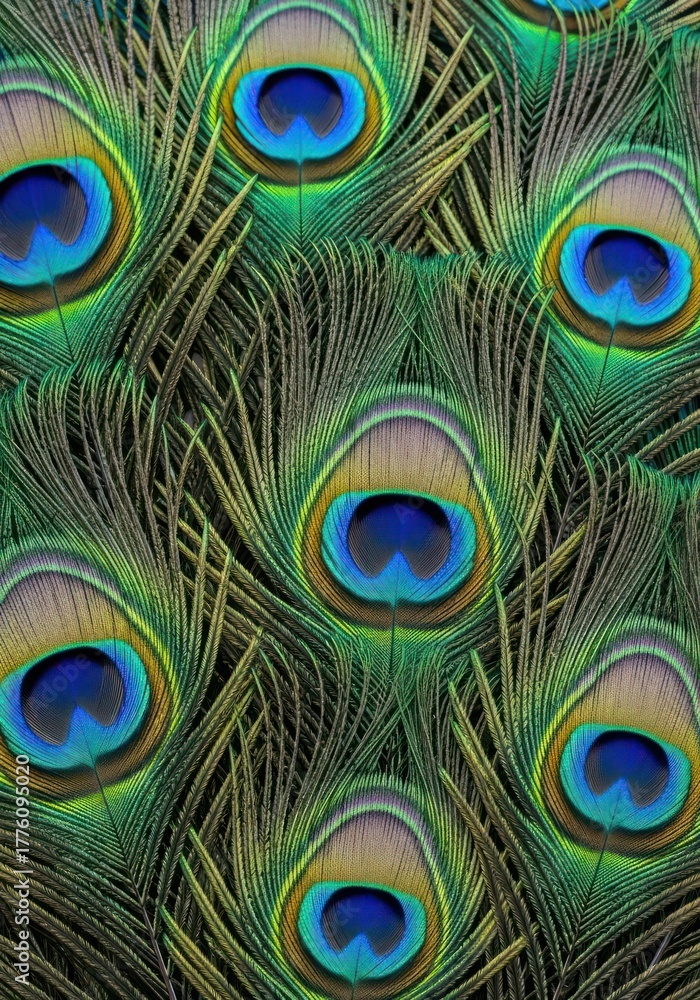 Fototapeta premium Detailed Colorful Peacock Feather Eye Pattern Background Texture