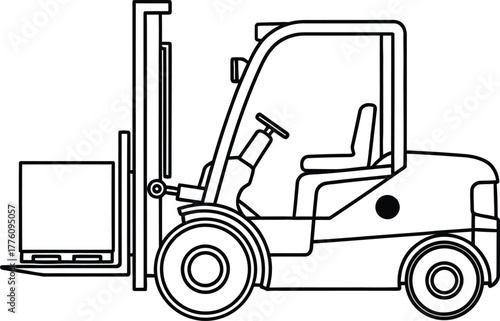 Line art forklift machine lifting a box for industrial warehouse logistics and material handling services isolated on transparent background