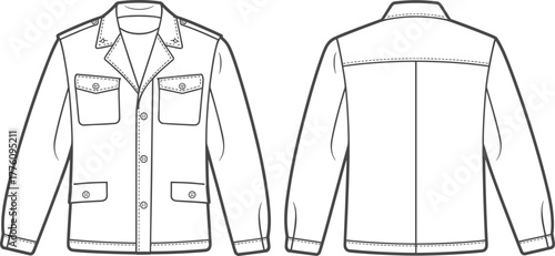 Utility jacket technical fashion sketch, front and back view, flap pockets, button placket, vector template, flat CAD drawing illustration