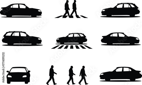 Urban Traffic Silhouette Vector Set, Black and White Car and Pedestrian Illustrations, Crosswalk Scene, City Mobility Icons, Road Safety Graphics