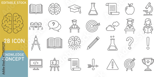 Collection of education and science icons isolated on transparent background