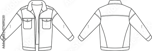 Utility jacket technical fashion sketch, front and back view, zipper closure, chest pockets, vector template, flat CAD drawing illustration