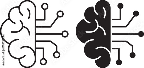 Brain, circuit board, artificial intelligence, half organic half digital, binary mind, technological neural network, black and white illustration, minimalist design	