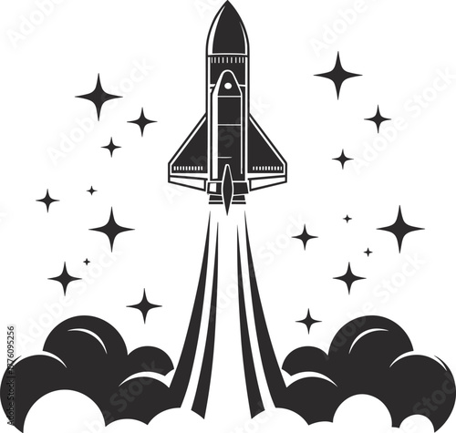Vector illustration of a space shuttle launching into the sky with smoke and stars, minimalist black and white design, futuristic exploration concept.