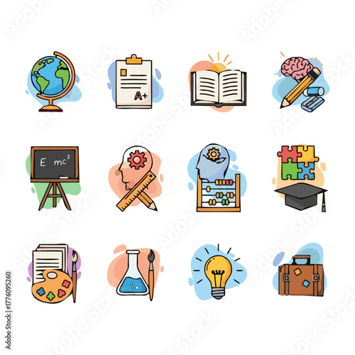 Education icons: globe, test, book, brain, blackboard, head, abacus, graduation cap, art, flask, lightbulb, briefcase.