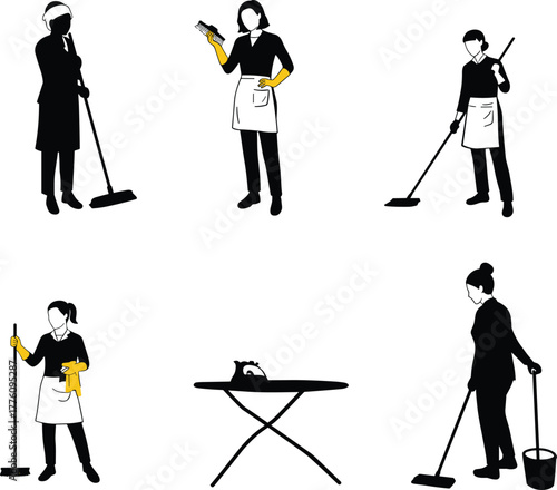 Silhouette people cleaning, janitorial service, housekeeping tasks, mop and broom, hygiene maintenance, sanitation tools, ironing, domestic chores, workplace safety, lifestyle concept