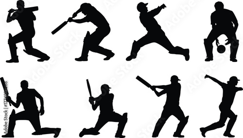 Vector silhouette of cricket players in various action poses, batting, bowling, and fielding, symbolizing sports competition, teamwork, energy, and athletic movement
