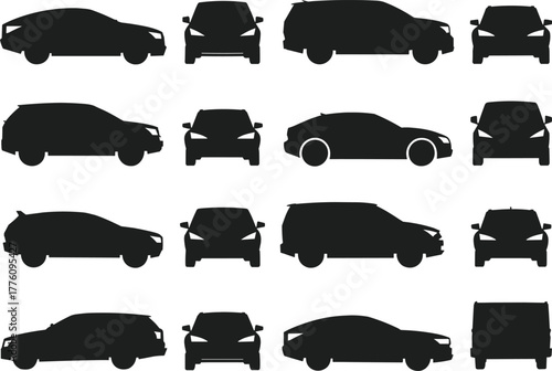 Vehicle silhouette vector illustration, black car model icons, front and side view design, automotive comparison artwork, transportation graphic, white background