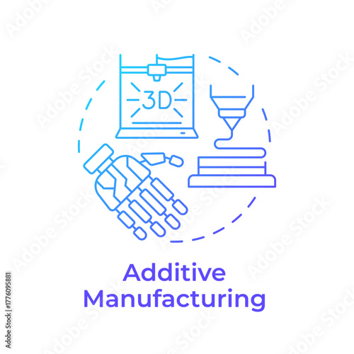 Additive manufacturing blue gradient concept icon. 3D printing modern production technique. Adding material layer by layer. Round shape line illustration. Abstract idea. Graphic design. Easy to use in