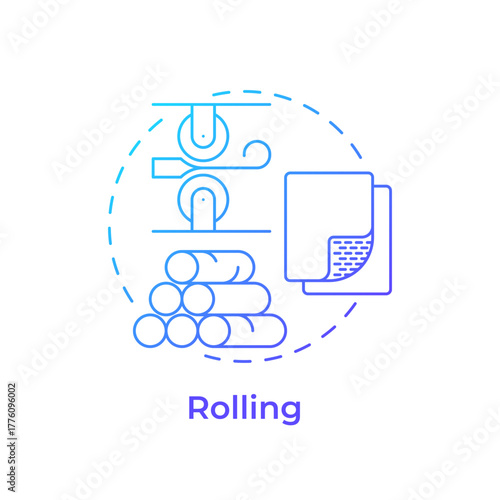 Rolling blue gradient concept icon. Iron passing through pairs of rolls to reduce thickness. Steel manufacturing process. Round shape line illustration. Abstract idea. Graphic design. Easy to use in