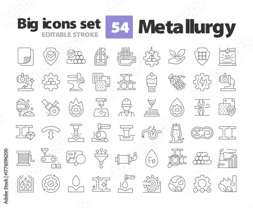 Metallurgy line icons set. Science about metal properties. Steelmaking technology development. Heavy industry. Isolated vector outline illustrations. Thin lineart iconset symbols. Editable stroke