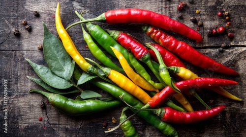 Colorful Assortment of Fresh Chili Peppers on Rustic Wooden Table with Green Leaves and Spices in Background for Cooking and Food Photography
