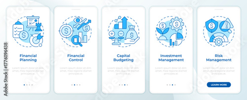 Asset management aspects blue onboarding mobile app screen. Walkthrough 5 steps editable graphic instructions with linear concepts. UI, UX, GUI. Montserrat SemiBold, Regular fonts used