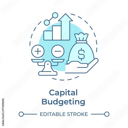 Capital budgeting soft blue concept icon. Money bag. Financial management. Funds accounting. Round shape line illustration. Abstract idea. Graphic design. Easy to use in infographic, presentation
