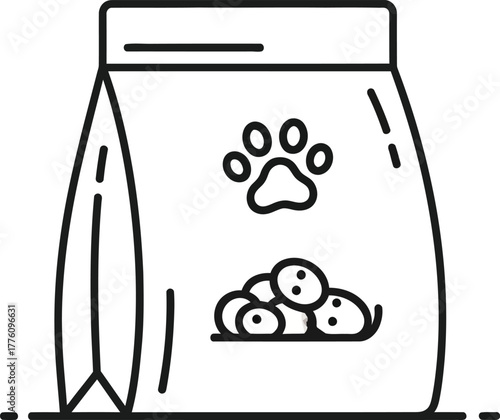 Simple outline drawing of a bag of dog food with paw print icon and kibble detail isolated on transparent background