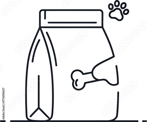 Simple line drawing of a dog food bag with a bone icon and paw prints isolated on transparent background