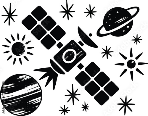 Satellite in Space with Planets and Stars - Space Exploration and Astronomy Illustration