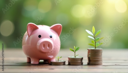 Pink piggy bank next to three coin stacks with seedlings sprouting, symbolizing savings, investment, and financial growth.